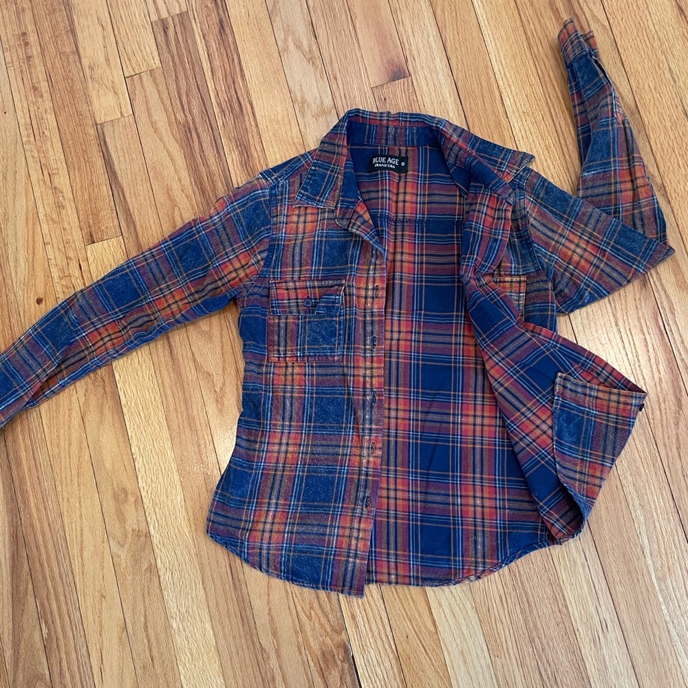Plaid Button Up - Blue and Orangey Red